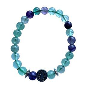 Healing Stone Fluorite Bead Peace Leaf Charm Stretch Bracelet Clarity Focus NEW